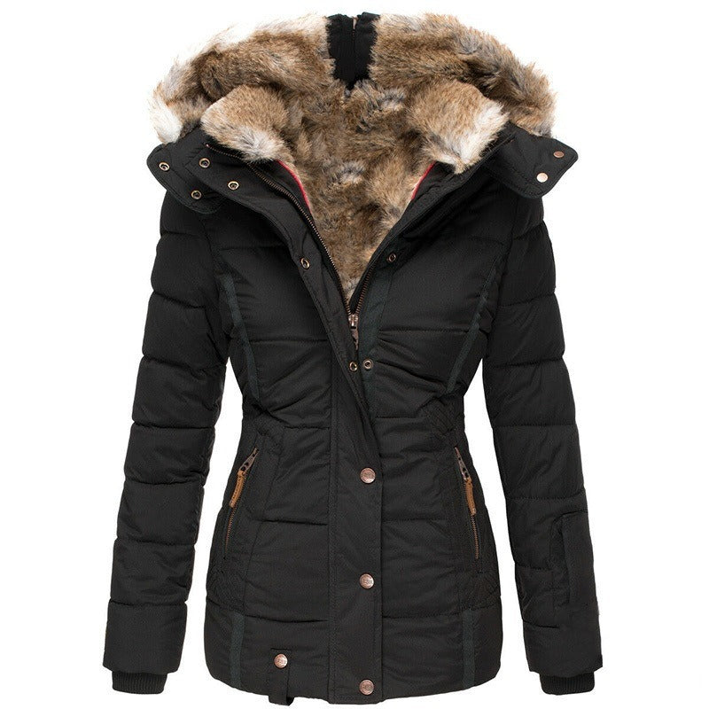 New Winter Warm Wool Collar Cotton Coat Women's Zipper Long Sleeve Slim Fit Cotton Coat Coat Hooded Coat