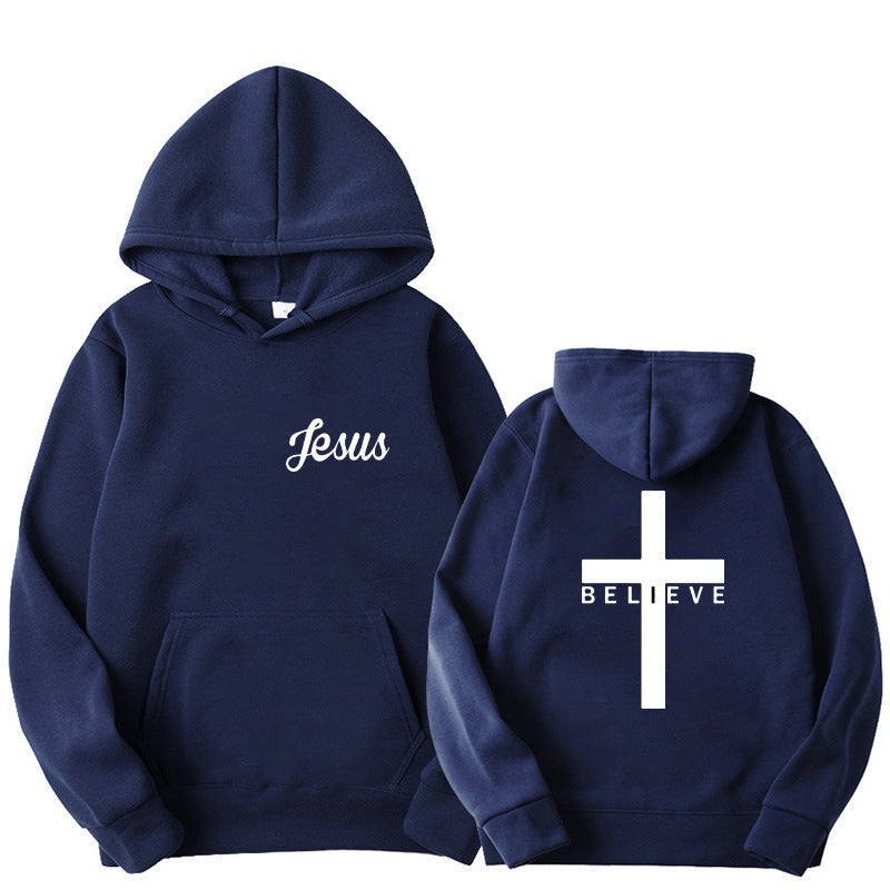 Believe Cross Printed Hoodie Men's Pattern Drawstring