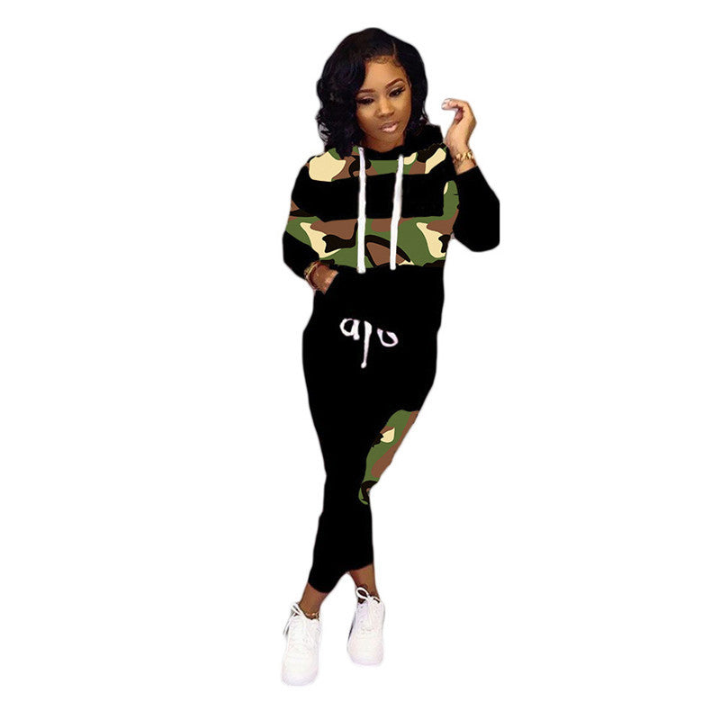 Patchwork Camouflage Print Sports Sweatshirt Suit