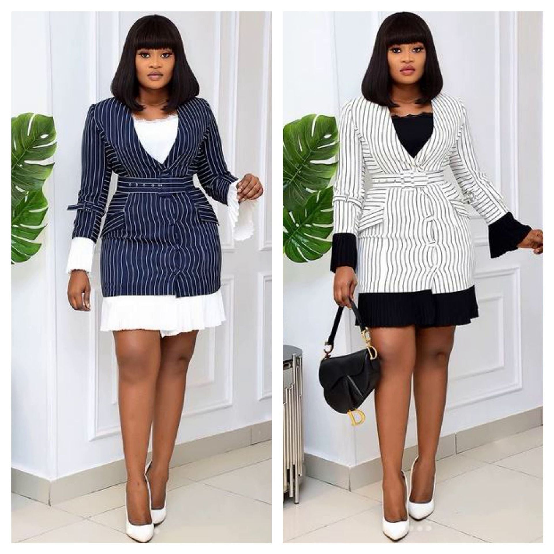 High Waist Blue And White Striped Dress