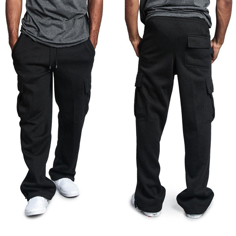 New Men's Drawstring Elastic Waist Solid Color Casual Pants Multi Pocket Trousers