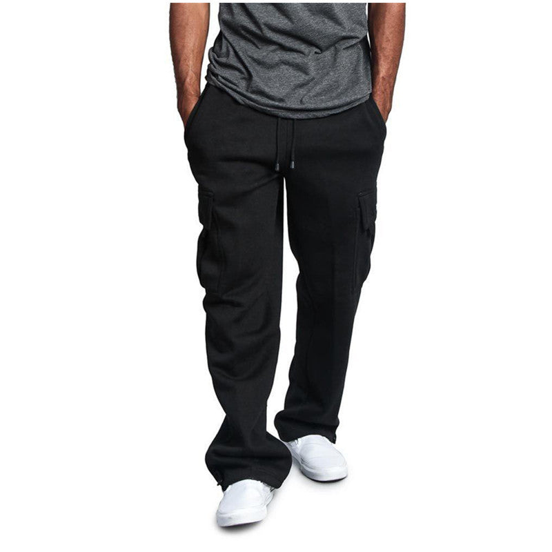 New Men's Drawstring Elastic Waist Solid Color Casual Pants Multi Pocket Trousers