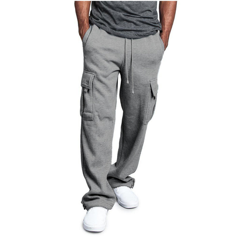 New Men's Drawstring Elastic Waist Solid Color Casual Pants Multi Pocket Trousers