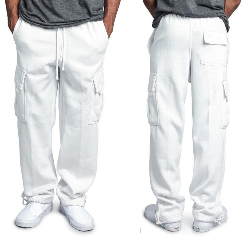 New Men's Drawstring Elastic Waist Solid Color Casual Pants Multi Pocket Trousers
