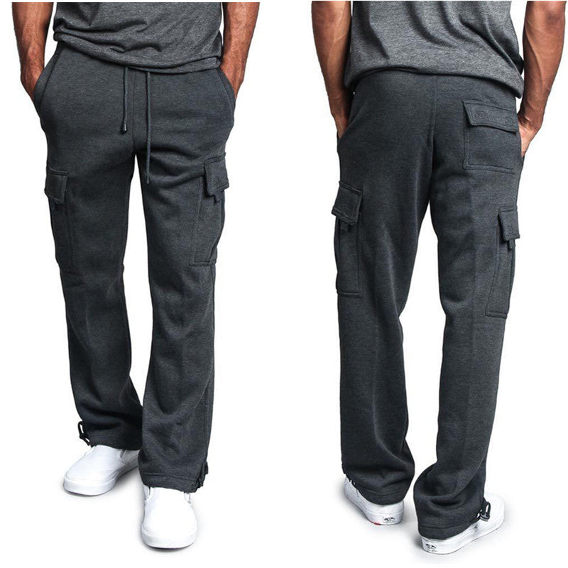New Men's Drawstring Elastic Waist Solid Color Casual Pants Multi Pocket Trousers