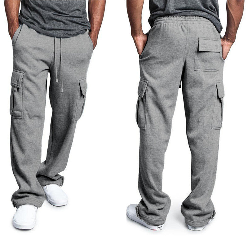 New Men's Drawstring Elastic Waist Solid Color Casual Pants Multi Pocket Trousers