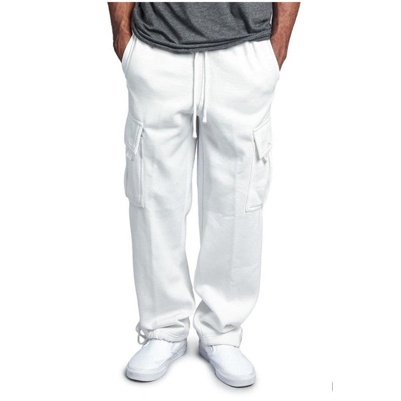 New Men's Drawstring Elastic Waist Solid Color Casual Pants Multi Pocket Trousers