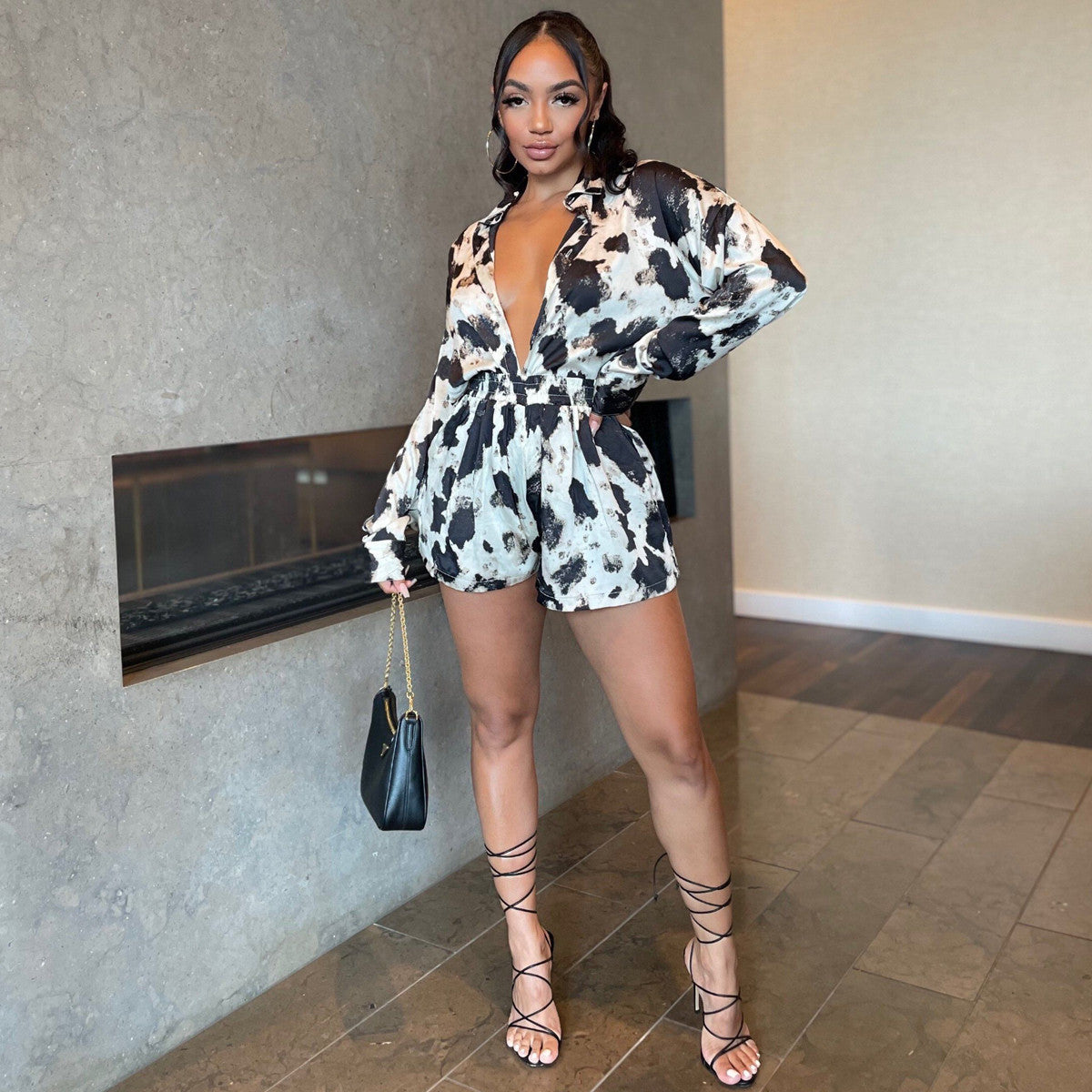Autumn Printed Long Sleeve Shirt Shorts Set