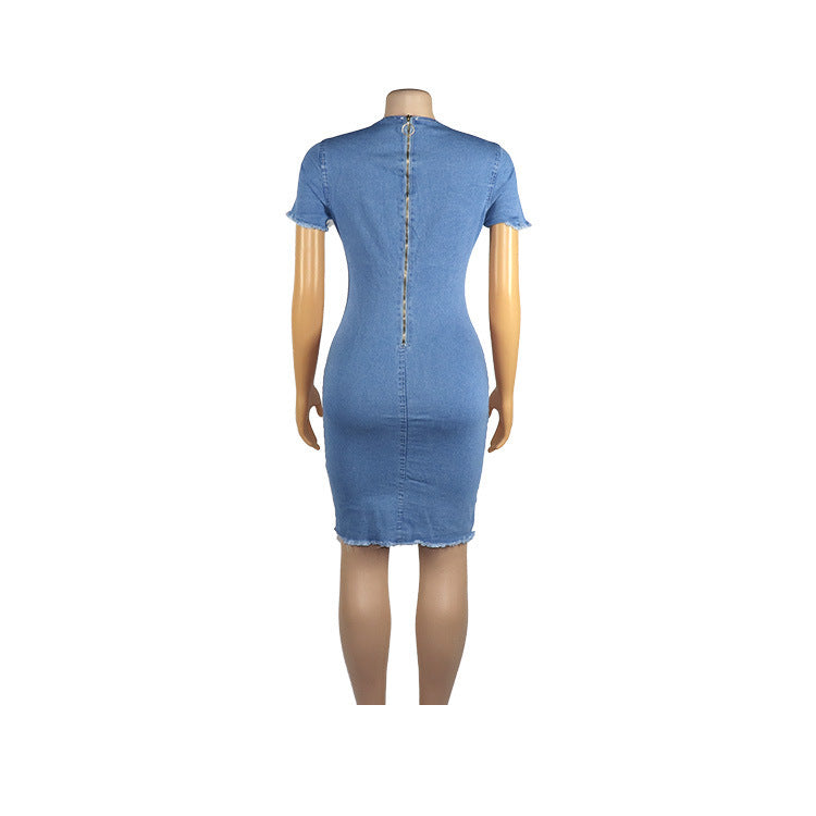 Stretchy Ragged White Wash Denim Dress