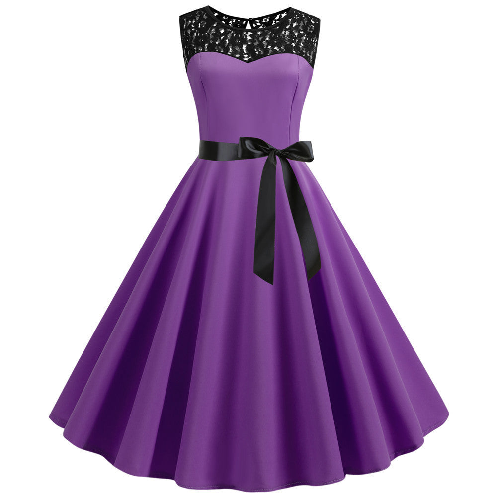 Sleeveless retro lace patchwork dress