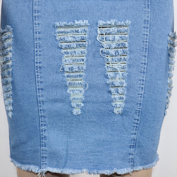 Stretchy Ragged White Wash Denim Dress