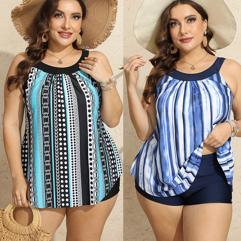 Striped Printed Loose High Waist Boxer Swimsuit