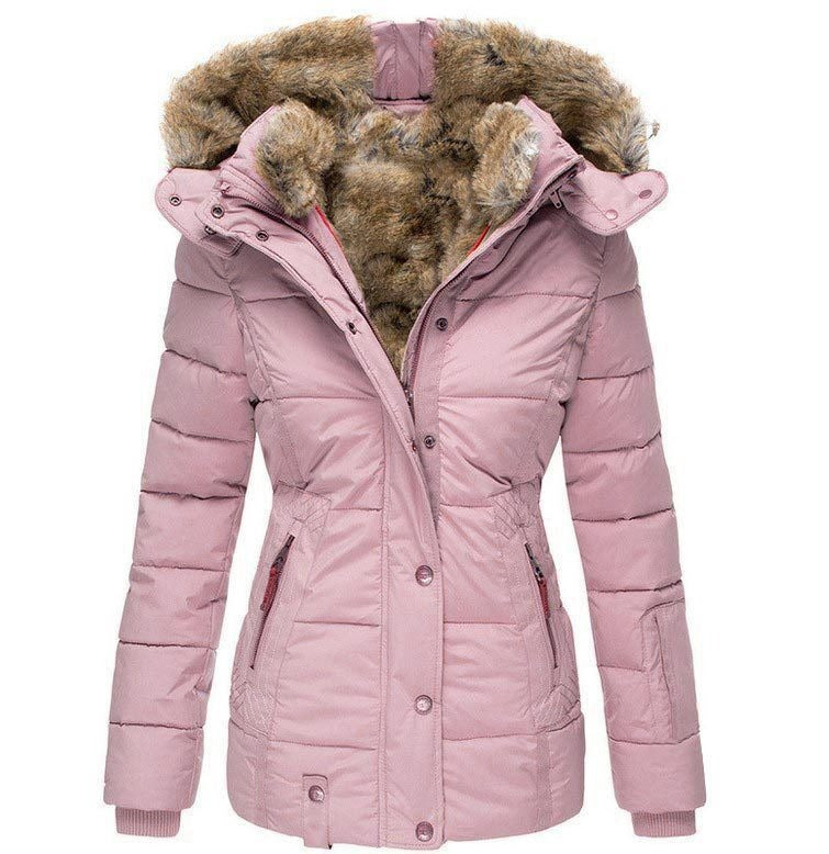 New Winter Warm Wool Collar Cotton Coat Women's Zipper Long Sleeve Slim Fit Cotton Coat Coat Hooded Coat