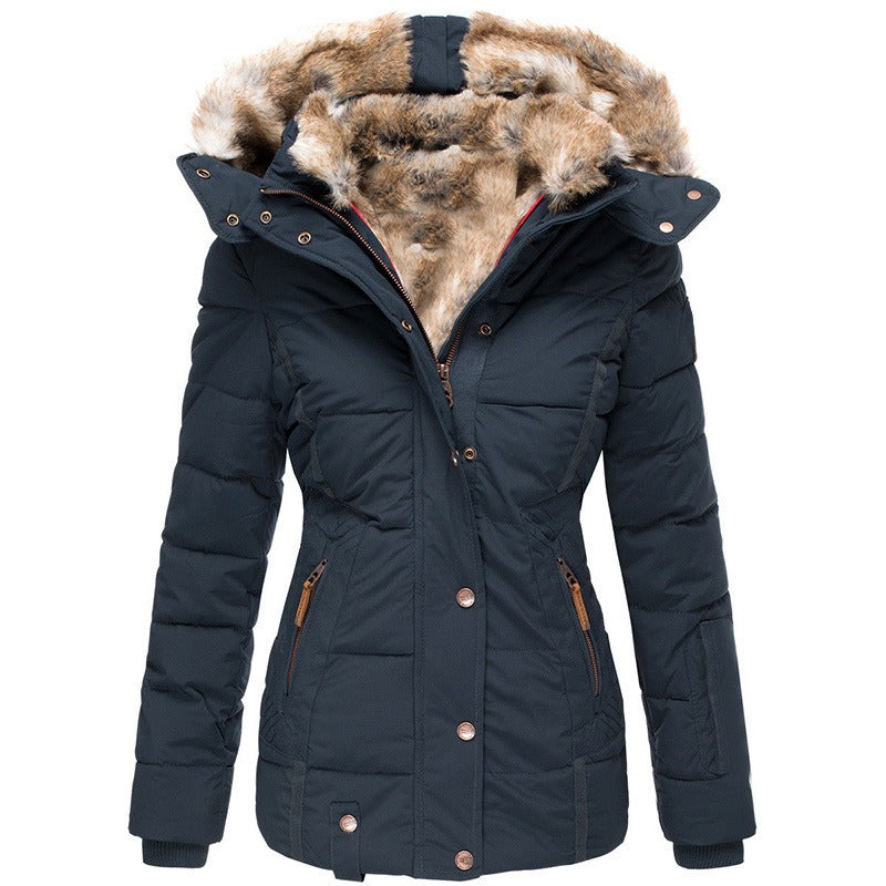 New Winter Warm Wool Collar Cotton Coat Women's Zipper Long Sleeve Slim Fit Cotton Coat Coat Hooded Coat