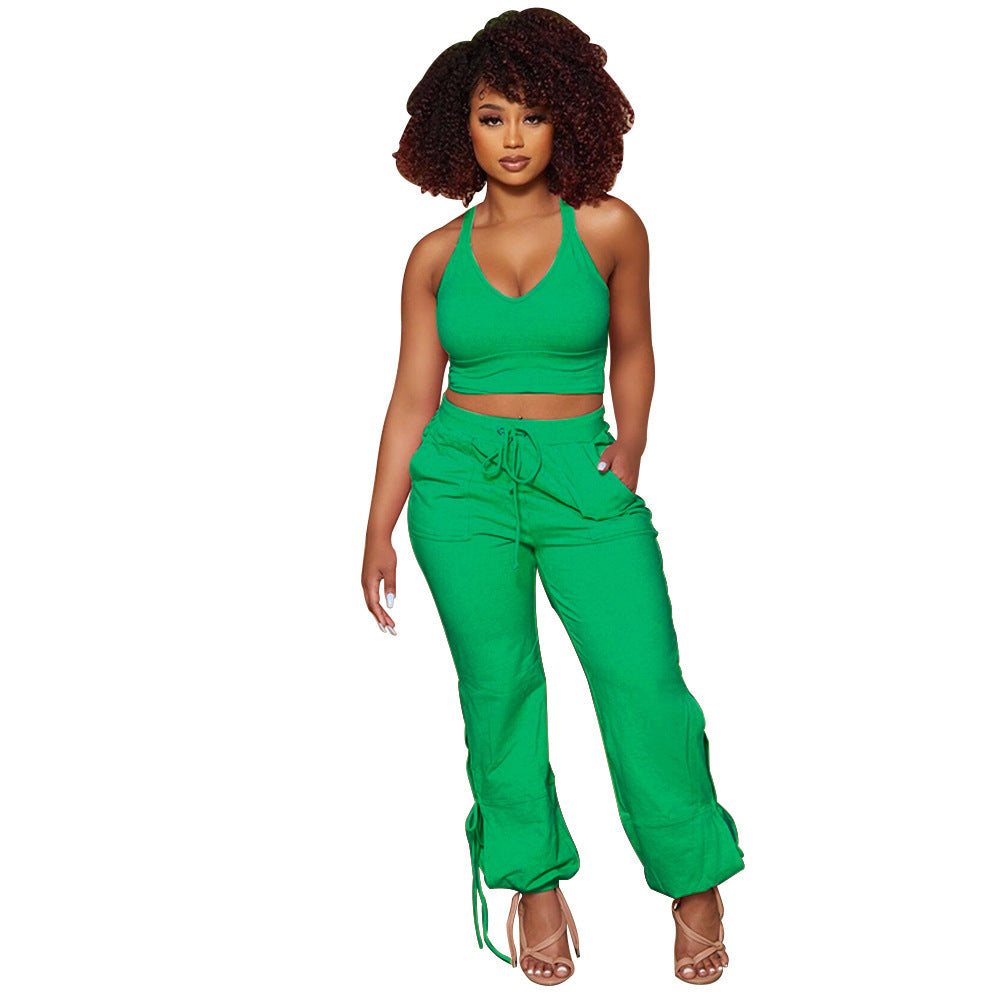Ladies Fashion Solid Color Tank Top Tie Pants Two Piece Set