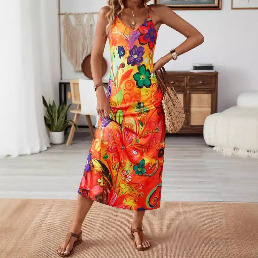 New Women's Printed Sling Casual Dress