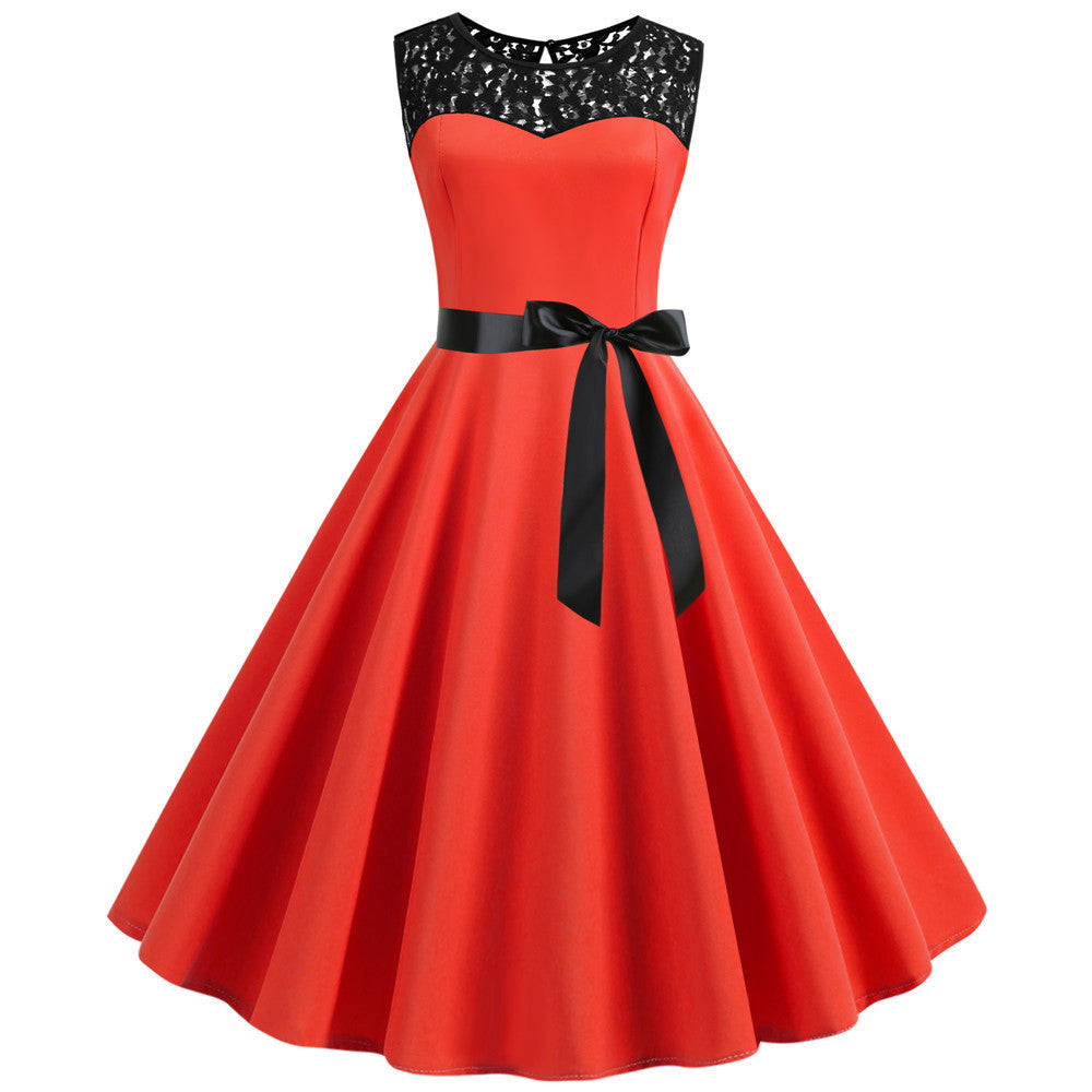 Sleeveless retro lace patchwork dress