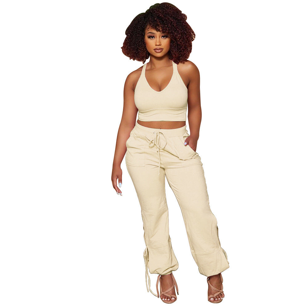 Ladies Fashion Solid Color Tank Top Tie Pants Two Piece Set