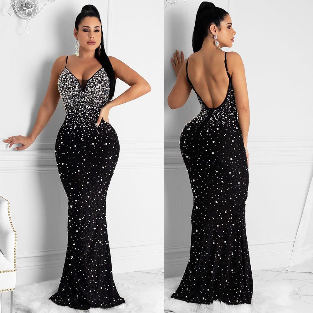 Fashion Night Club Hot-drilled Beaded Suspender Dress