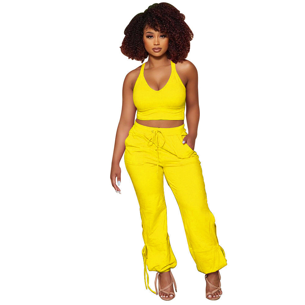 Ladies Fashion Solid Color Tank Top Tie Pants Two Piece Set