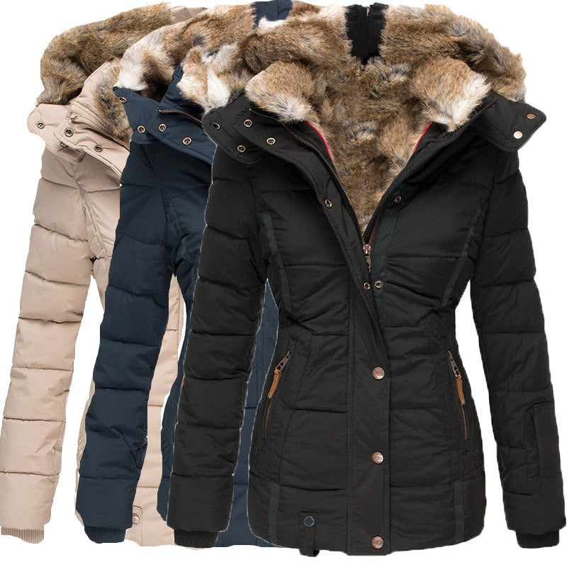 New Winter Warm Wool Collar Cotton Coat Women's Zipper Long Sleeve Slim Fit Cotton Coat Coat Hooded Coat