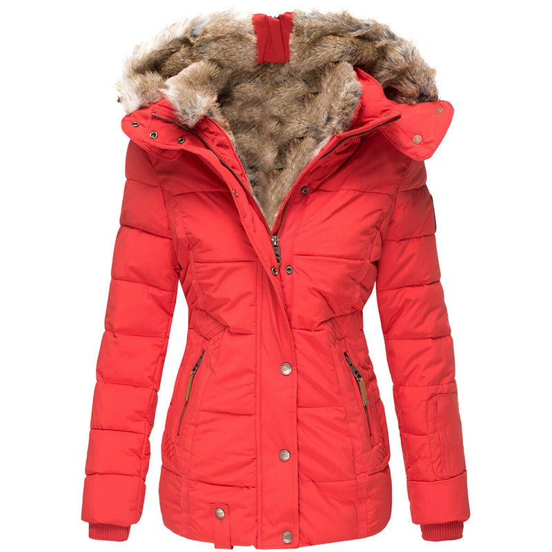 New Winter Warm Wool Collar Cotton Coat Women's Zipper Long Sleeve Slim Fit Cotton Coat Coat Hooded Coat