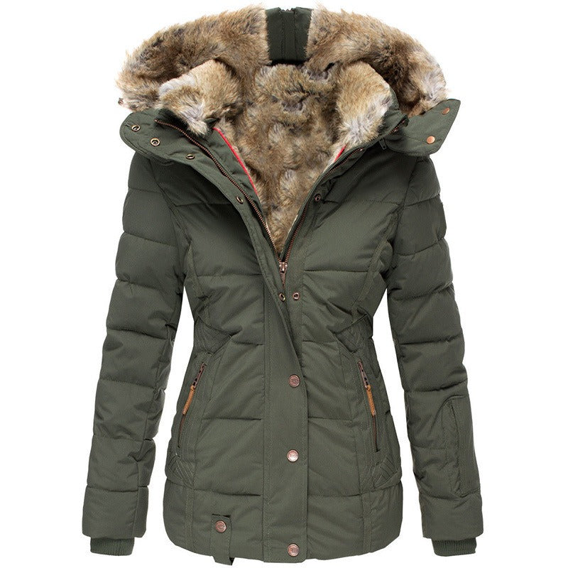 New Winter Warm Wool Collar Cotton Coat Women's Zipper Long Sleeve Slim Fit Cotton Coat Coat Hooded Coat