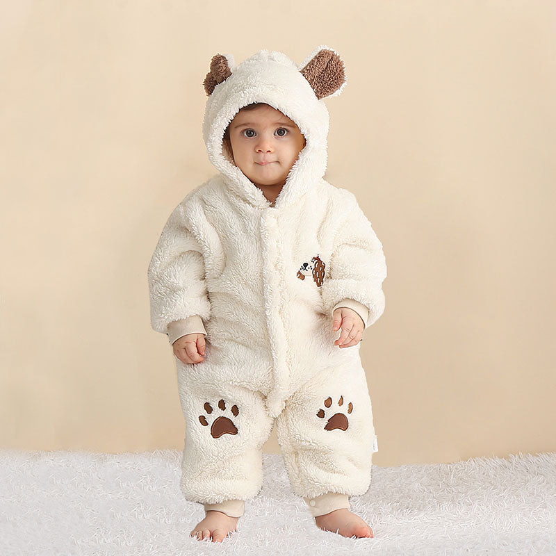 Baby One-piece Pants Pajamas Double-sided Velvet Three-dimensional Hooded Jumpsuit