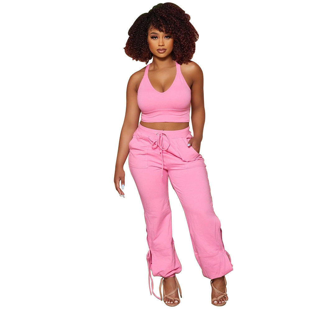 Ladies Fashion Solid Color Tank Top Tie Pants Two Piece Set