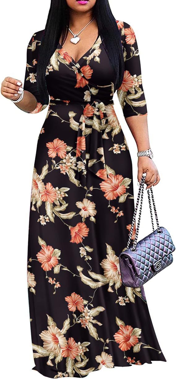 European And American Leisure Fashion Flower Printed V-neck Middle Sleeve Large Swing Dress