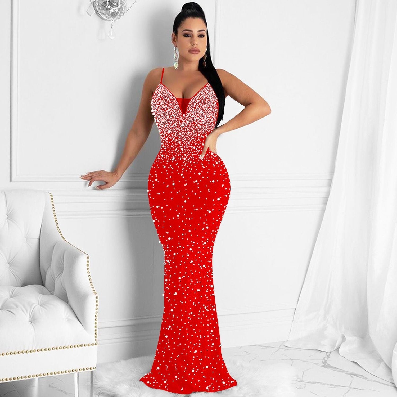 Fashion Night Club Hot-drilled Beaded Suspender Dress